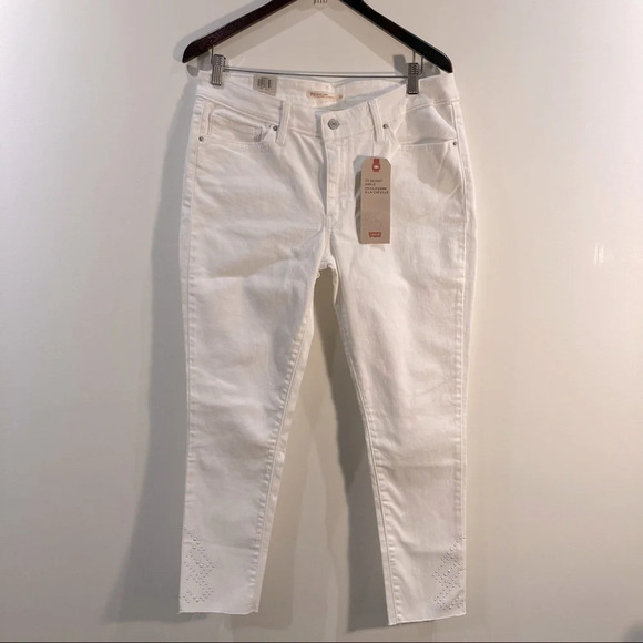 LEVI’S 711 Skinny Ankle Raw Hem w/ Embellishments at Ankle White Jeans - Picture 1 of 7